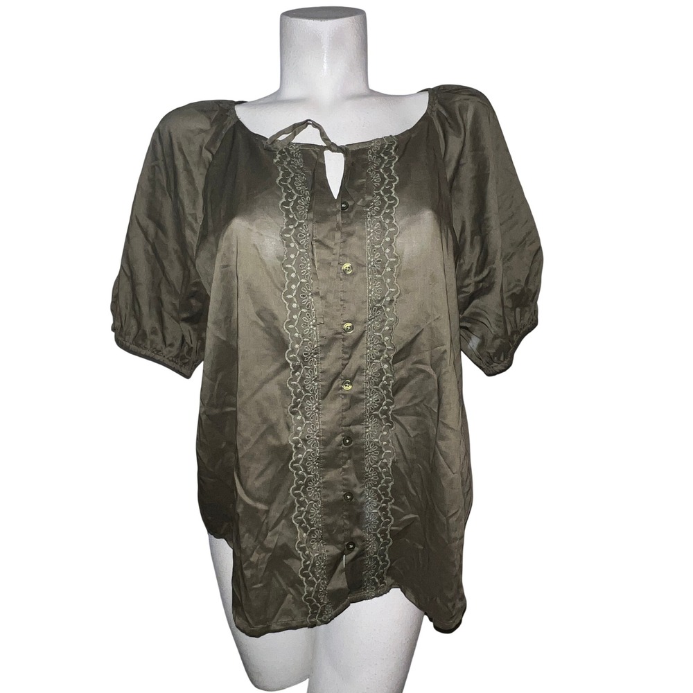 New Ann Taylor Top Olive Green Embroidered Button Front Puff Sleeve Blouse Sz XL